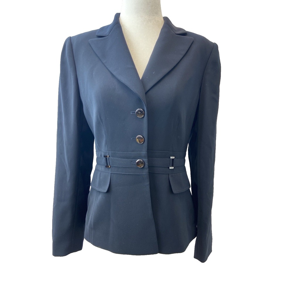 Tahari Blazer Women's 4P Navy Blue Lined Three Button‎ Belted Career Jacket